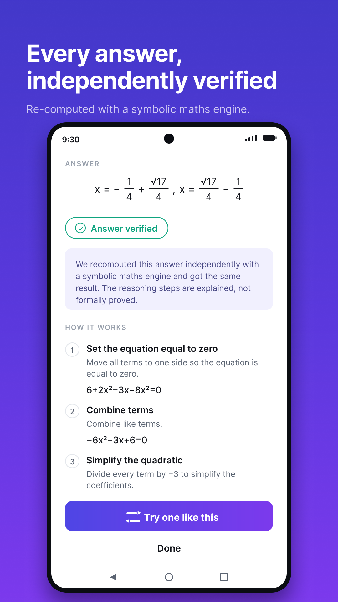 Every answer independently verified, re-computed with a symbolic maths engine.
