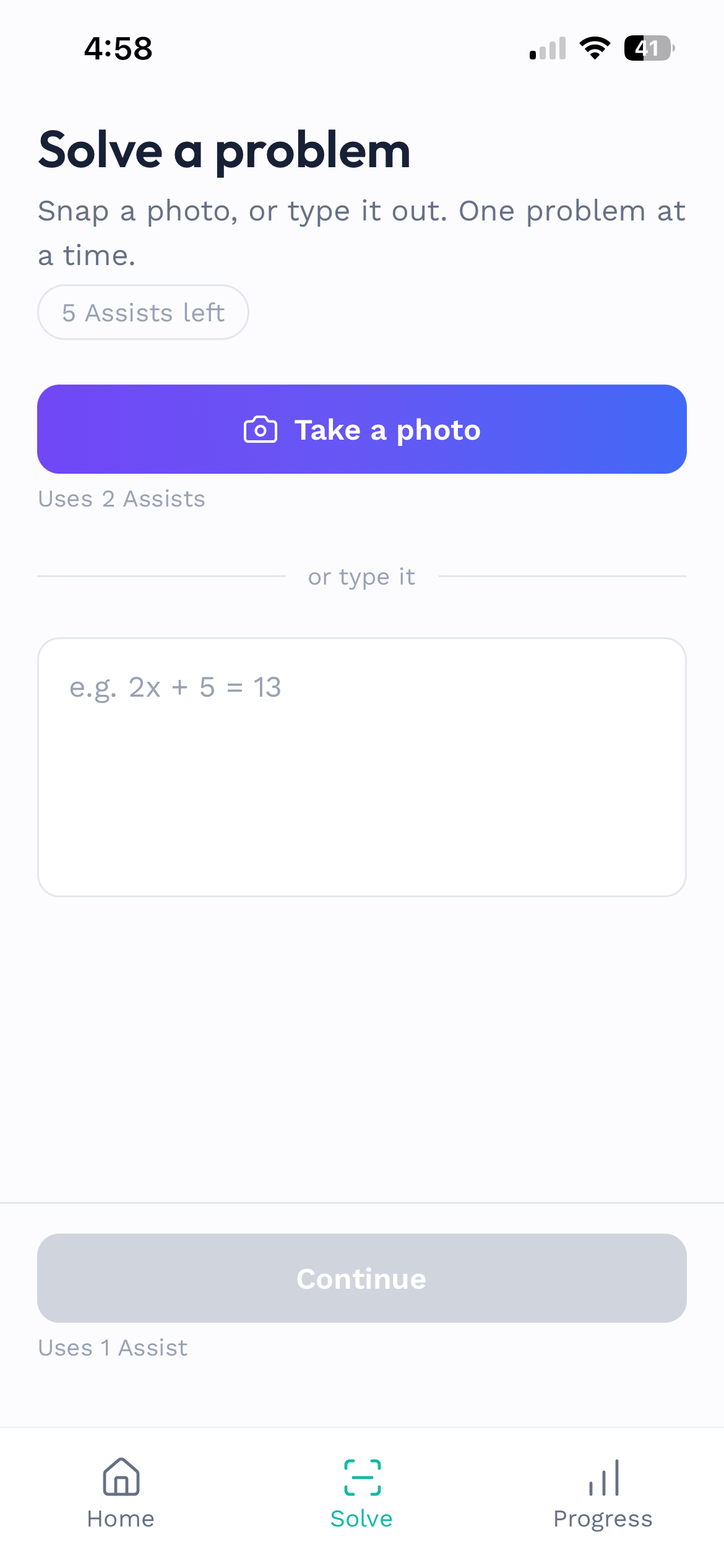 The Studly app: snap a photo of a math problem, or type it in — one problem at a time.
